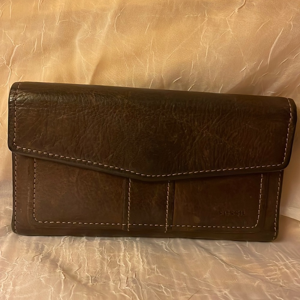 Fossil wallet with checkbook cover brown genuine leather